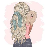 Stylish girl with a dog back view vector illustration, print for textiles, postcard, packaging