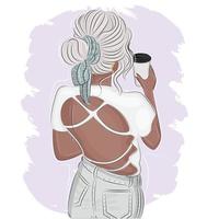 retrato de una hermosa joven rubia, vista desde atrás, chica de moda con una taza de café de plástico, boceto de mujer elegante, ilustración. vector