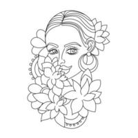 Silhouette of a girl with flowers in the style of line art, coloring book, print on the product, laser engraving on textiles, vector illustration