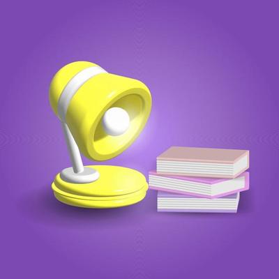 Books and lamp isolated on purple background, education, student, 3D rendering vector illustration