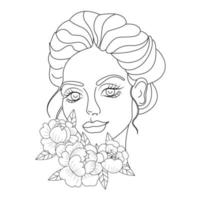 Silhouette of a girl with flowers in the style of line art, coloring book, print on the product, laser engraving on textiles, vector illustration