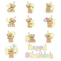 Teddy bear set with numbers from one to ten, baby birthday card on white isolated background, cute cartoon character and text, textile print, packaging, party invitation vector illustration