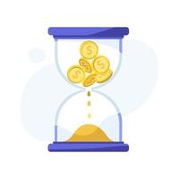 An hourglass with gold coins and sand. Flat vector design. Business concept.