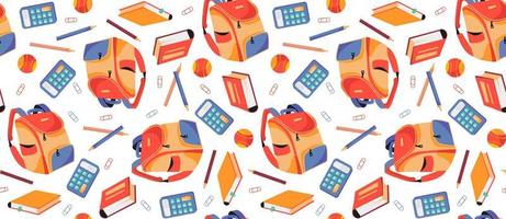 Seamless pattern with school supplies. Briefcase, pencils, calculator. Vector illustration