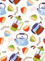 Seamless pattern with tea and coffee. Pattern with teapots and mugs. Tableware. Cartoon vector illustration