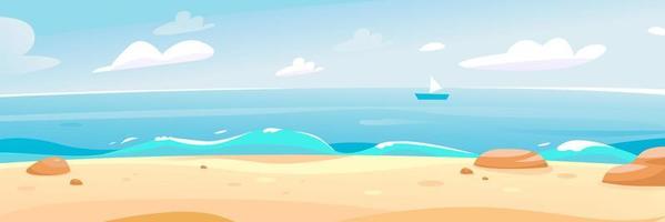 Summer beach by the sea. Beautiful seascape. A banner for a summer vacation. The sea horizon. Cartoon vector illustration