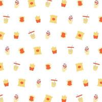 Vector illustration of chip, ice cream, french fries, bread, bubble tea pattern on white background.