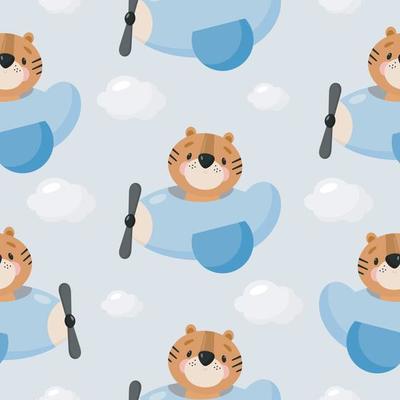 Seamless Pattern with Tiger is flying on a plane. Vector illustration. For greeting card, posters, banners, the card, printing on the pack, printing on clothes, fabric, wallpaper.