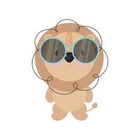 lindo león en gafas de sol. estilo de dibujos animados ilustración vectorial para tarjetas, afiches, pancartas, libros para niños, impresión en el paquete, impresión en ropa, tela, papel tapiz, textil o platos. vector