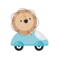 Cute Lion in the car. Cartoon style. Vector illustration. For card, posters, banners, children books, printing on the pack, printing on clothes, fabric, wallpaper, textile or dishes.