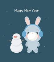 Cute Rabbit with snowman. Cartoon style. Vector illustration. For card, posters, banners, children books, printing on the pack, printing on clothes, fabric, wallpaper, textile or dishes.