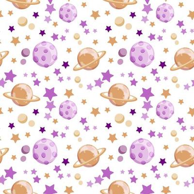 Seamless pattern on a white background. Planets and stars. Saturn. Vector in flat style. Space elements. Space day. Suitable for children's textiles, packaging