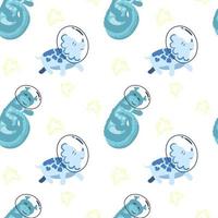 Seamless pattern of cute sleeping dinosaurs in space. Cartoon style vector. Dinosaur astronaut with stars around on white background vector