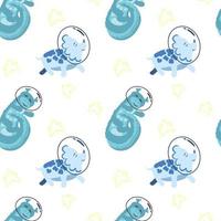 Seamless pattern of cute sleeping dinosaurs in space. Cartoon style vector. Dinosaur astronaut with stars around on white background vector