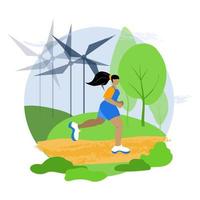 The concept of a healthy lifestyle in the city. The girl is positive while jogging in the park. Ecology. Windmills. Sports. Running. The vector is done in a flat style