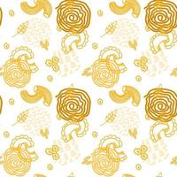 Different types of pasta on a white seamless background. Pasta. Spaghetti, horns. Elements drawn in doodle style. Italy. Suitable for packaging and textiles vector