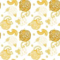 Different types of pasta on a white seamless background. Pasta. Spaghetti, horns. Elements drawn in doodle style. Italy. Suitable for packaging and textiles vector