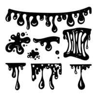 Slime Set. Slime frame, doodle-style painted elements. Black splashes of mucus, stretching slime, toxic dripping mucus. Slime splatter and droplets, liquid borders. Isolated vector decorative shapes