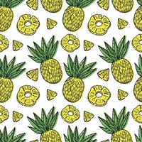 A seamless pattern of pineapple, pulp, and fruit, hand-drawn with doodle elements. Exotic fruit. Yellow pineapple. Vector illustration