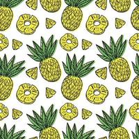 A seamless pattern of pineapple, pulp, and fruit, hand-drawn with doodle elements. Exotic fruit. Yellow pineapple. Vector illustration