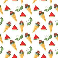 Seamless summer pattern of ice cream, watermelon and sunglasses. Summer, beach. Vector is made in a flat style. Suitable for textiles and paper