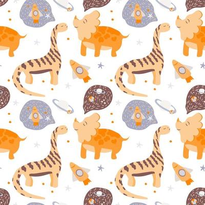 Seamless Pattern. Dinosaurs dream of space, stars and planets. Children's theme. Dinosaurs dreaming. Vector is made in a flat style on a white background. Suitable for textiles and packaging