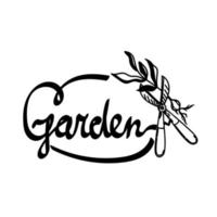 Logos for garden store or fertilizer production. Simple line emblem, icon and logo in vector style. Handwritten lettering. Stylized garden scissors with a plant. Plant with roots. Secateurs