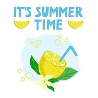 Template for a bright summer card or poster with lemon, lemon slices, a hand-drawn doodle in a flattened style. Lemon with a straw for lemonade. Handwritten text vector