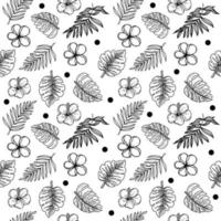 A seamless drawing of a tropical hibiscus flower. Hand-drawn sketch of a monochrome doodle-style flower. Tropics. Greens. Palm leaves and monster leaves. Hibiscus. Isolated vector