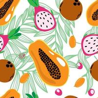 Seamless pattern of exotic fruits and leaves, summer vector illustration in cartoon style. Pitaia, coconut and papaya. Bright summer pattern