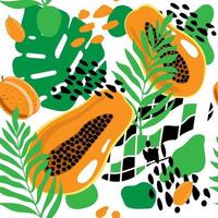 Seamless pattern of tropical leaves and fruits, summer vector illustration in cartoon style. Papaya, peaches, cumquat and tropical leaves. Bright summer pattern