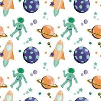 A seamless pattern of space elements drawn in a flat style. Astronaut, rockets and planets. Space. Stars. Flight. Suitable for children's textiles and packaging