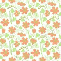 Seamless pattern of different kinds of spring flowers, hand-drawn doodles in sketch style. Spring. Tulips, daffodils and bellflowers. Silhouettes of flowers on a white background vector