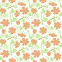 Seamless pattern of different kinds of spring flowers, hand-drawn doodles in sketch style. Spring. Tulips, daffodils and bellflowers. Silhouettes of flowers on a white background vector