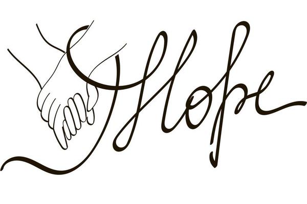 Keep your hands together. Hands of two partners together. Support and care. Ribbon around the wrist passes into the inscription Hope. Black silhouette. Hand-drawn doodle style vector