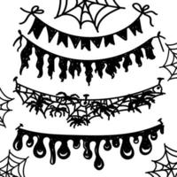 Halloween party flag streamer set. Hand drawn doodle style flags in black. Torn pieces of fabric, spider webs and stippling blobs. Elements for graphic design and Halloween decor