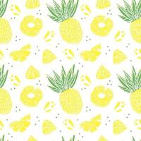 Seamless pineapple pattern, drawn doodle elements in sketch style. Whole pineapple, parts, leaves, slices, core, juice drops. Vector illustration, isolated on white background.