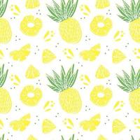 Seamless pineapple pattern, drawn doodle elements in sketch style. Whole pineapple, parts, leaves, slices, core, juice drops. Vector illustration, isolated on white background.