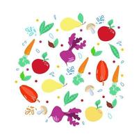 Vegetables and fruits in a flat style in a circle. Template suitable for health magazines, food websites and restaurant newsletters. Diet and organic food. Vector concept of healthy food