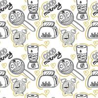 Seamless pattern, hand-drawn techniques in doodle style. Toaster, blender, frying pan, and hand-drawn lettering. Breakfast. Good Morning. Healthy Eating. A simple doodle style vector