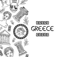 Template with ancient elements of Ancient Greece, hand-drawn doodle in sketch style. Gorgon Medusa. Vase with a feat, laurel wreath, olive branch, columns of Ionic and Doric order vector