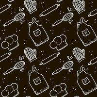 Seamless pattern of kitchen utensils. Hand-drawn vector. Cook's cap, apron and gloves. Dough tools. Doodle style vector drawing on black background