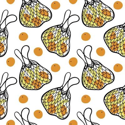 Seamless pattern of mesh bags with oranges and bananas. Doodle style elements. Eco bags. Mesh bags. Ecology. Bright fruits. Suitable for textiles, packaging