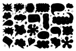 A set of speech bubbles with hand-drawn dialogue words in doodle style. Different forms of speech for comic book characters. Black silhouettes on a white background. Speech patterns vector