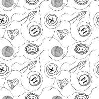 Seamless pattern of different kinds of needlework items, hand-drawn doodles in sketch style. Buttons, thread and needles. Silhouettes on white background vector