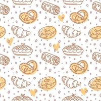 A seamless pattern of hand-drawn bakery items. Toast, pie, muffin, cupcake, donuts, sandwich, bagels, and snail buns. Doodle style vector