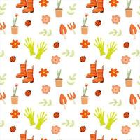 Seamless pattern of spring elements. Homework in the garden. Rubber boots, flowers, ladybugs and tools. Spring. Summer. Spring weather. Flat style vector. Suitable for textiles