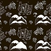 A seamless pattern of mountains and terrain maps, hand-drawn elements in a doodle style. An illustration for local tourism. GVector image of items for camping or hiking on a black background vector