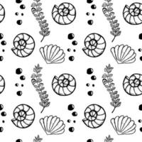 Seamless pattern with sea elements, hand-drawn doodle in sketch style. Shells, sea and plants. Water bubbles. Suitable for textiles vector