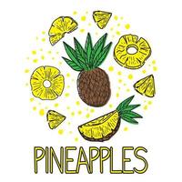 A set of pineapples, drawn doodle elements in sketch style. Whole pineapple, parts, leaves, slices, core, juice drops, arranged in a circle. Vector illustration, isolated on white background